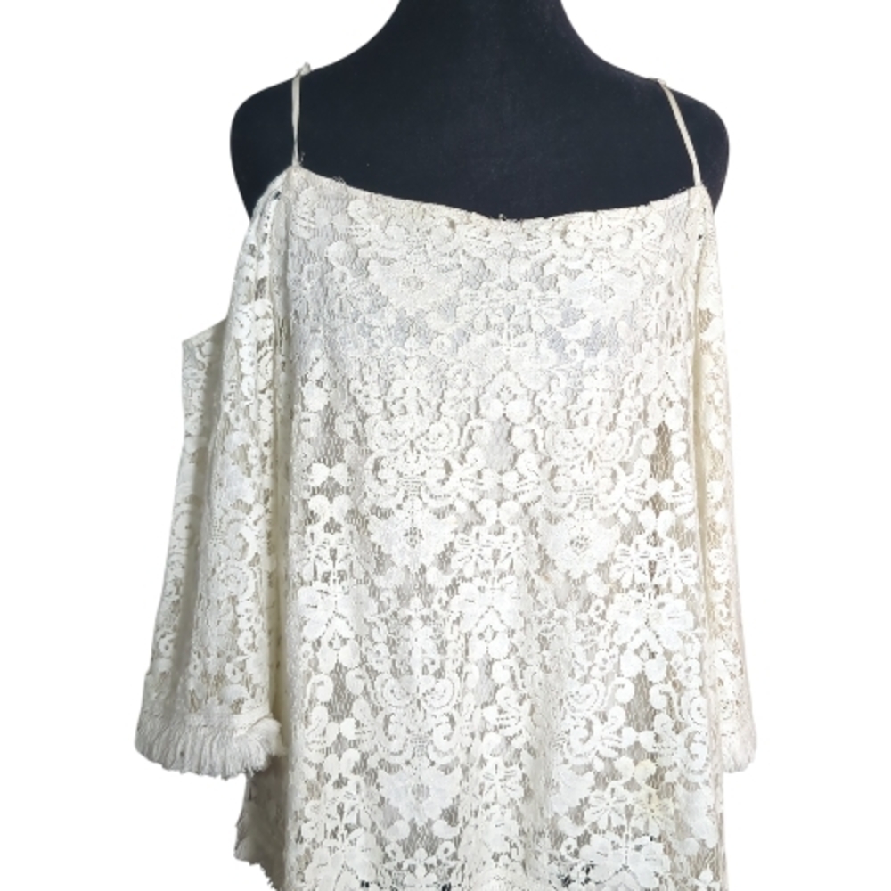 Ivory Lace Cold-Shoulder Spaghetti Strap Small Top Fringe Boho, Coquette Bridal